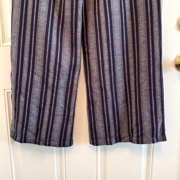 Blue Linen Wide Leg Striped High Rise Drawstring Pockets Bohemian Pants Summer - Picture 9 of 14